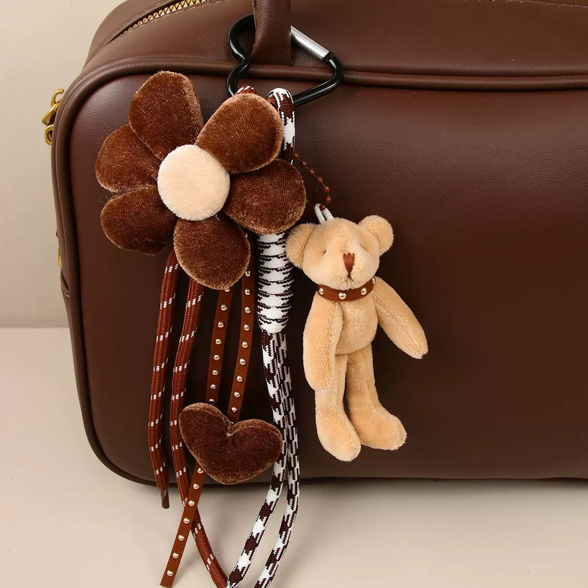 Teddy Bear Bag Charm with Velvet Flower